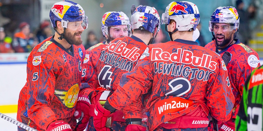 The helmets with the Red Bull logo are ready for the game GER, EHC Red Bull  Muenchen vs HC TIWAK